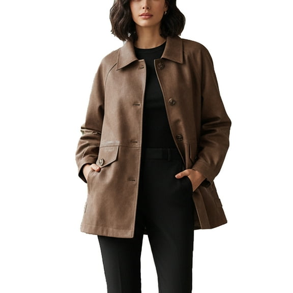 Heisall Women's Casual Solid Color Jackets Long Sleeve No Hood Leather Outerwear