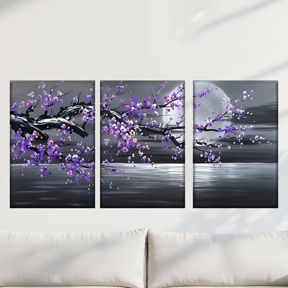 3pcs/set, Canvas Painting--Unframed, a Painting of a Tree with Purple Flowers, Abstract Art, Perfect Birthday,