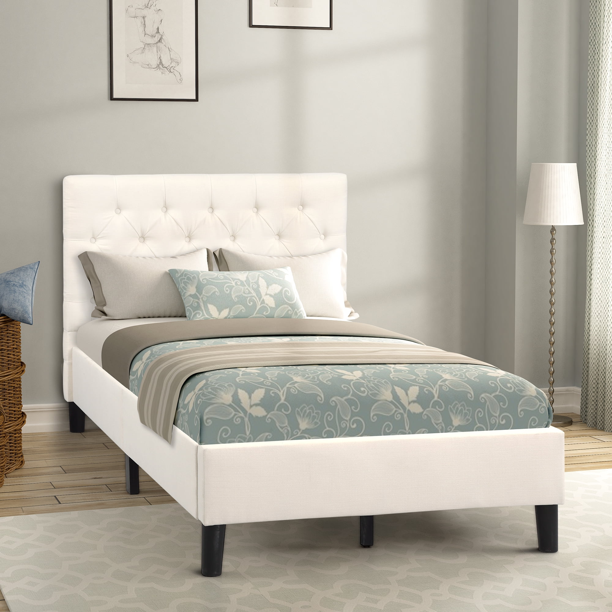 Kepooman Twin Size Modern Upholstered Linen Platform Bed with Headboard, 83.6" x 42.13" x 40.16", Beige Kepooman Twin Size Modern Upholstered Linen Platform Bed with Headboard, 83.6" x 42.13" x 40.16", Beige