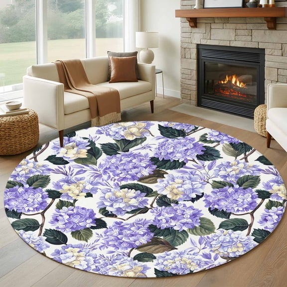 Round Rugs 5Ft, Purple Spring Floral Round Area Rug Washable Indoor Throw Carpet, Watercolor Flowers Pastoral Soft Non Slip Circle Rug for Cabinet Bathroom Home Decor Aesthetic