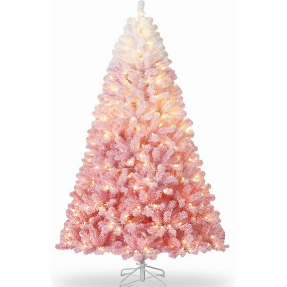 GarveeHome 4.5ft Prelit Pink Snow Flocked Christmas Tree, Warm LED Lights, Gradient Branches, Sturdy Metal Stand, Holiday Decor for Home Office Party