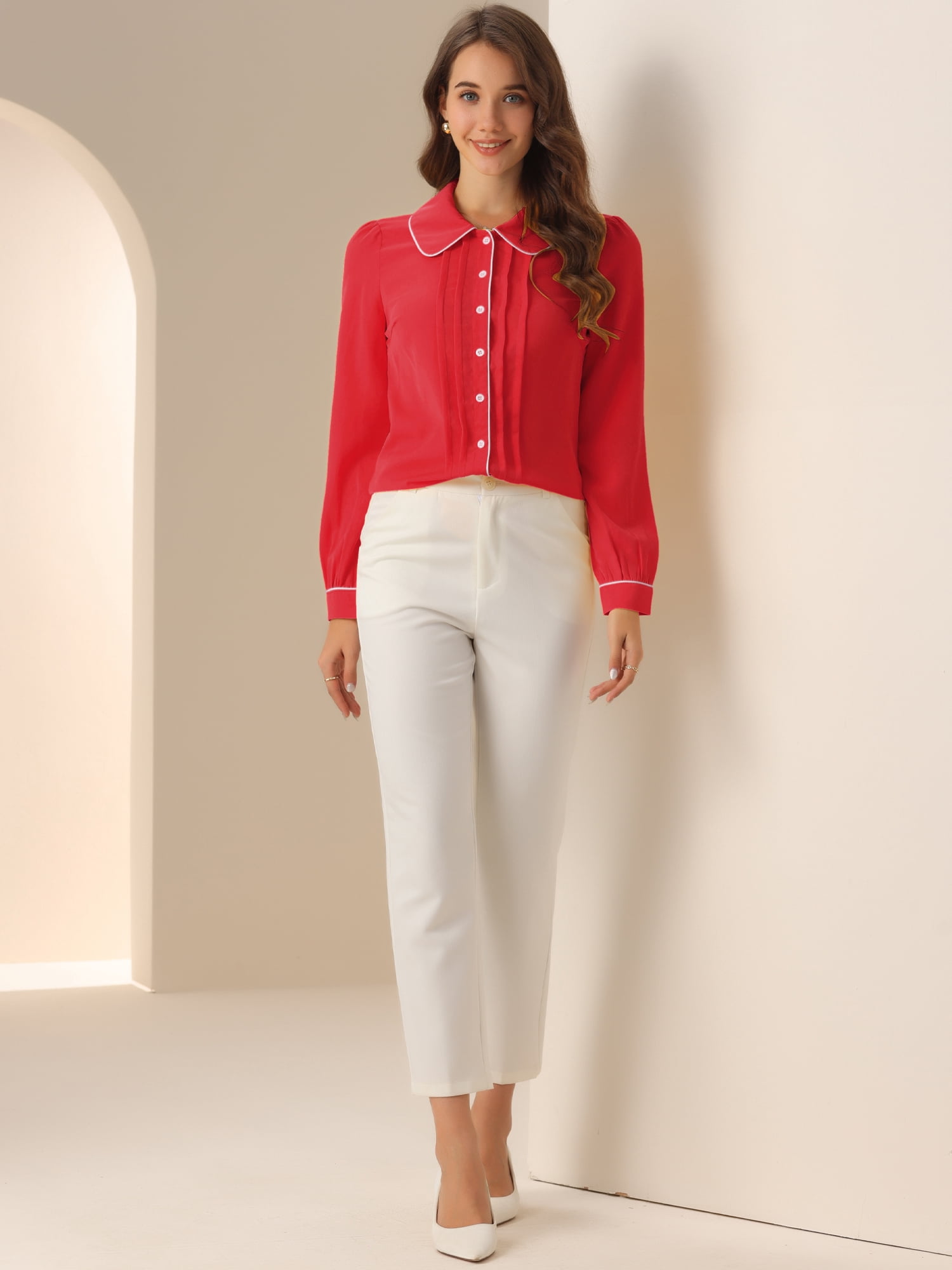 DARING DIVA Women's Collar Shirt Long Sleeve Elegant Button Down Blouse L Red
