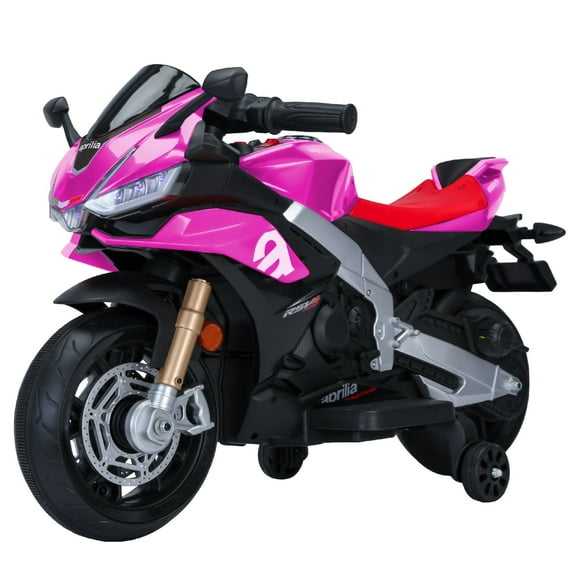 HEIMILI Girl Pink 12V Ride on Motorcycle Auxiliary Wheels Aprilia Motorbike 3mph for Kids w/Bluetooth LED Lights