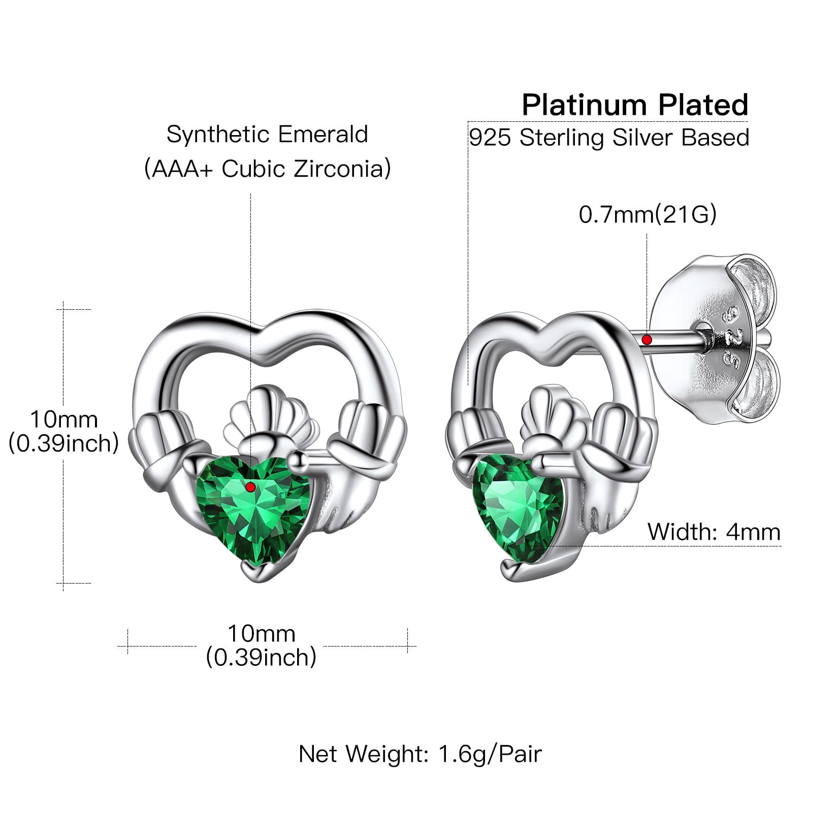 Suplight 925 Sterling Silver Claddagh Heart Earrings with Birthstone, Irish Celtic Jewelry for Women