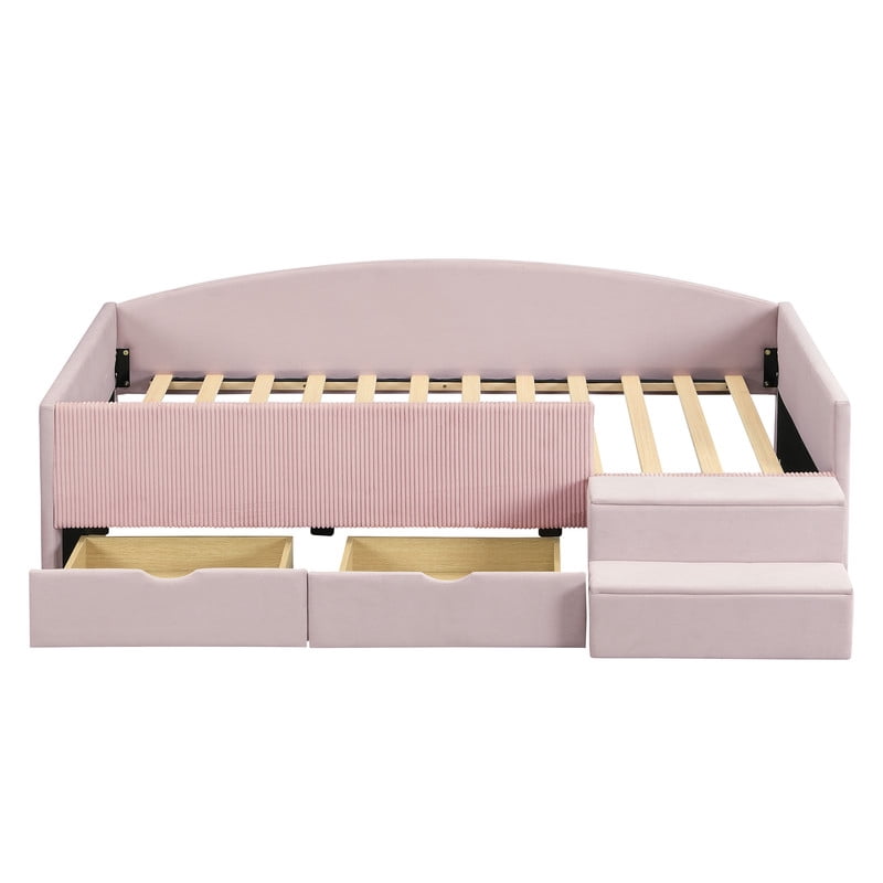 Twin Size Kids Daybed Frame with Small Stair & 2 Storage Drawers, Velvet+Corduroy Dual Upholstered Accent Platform Bed
