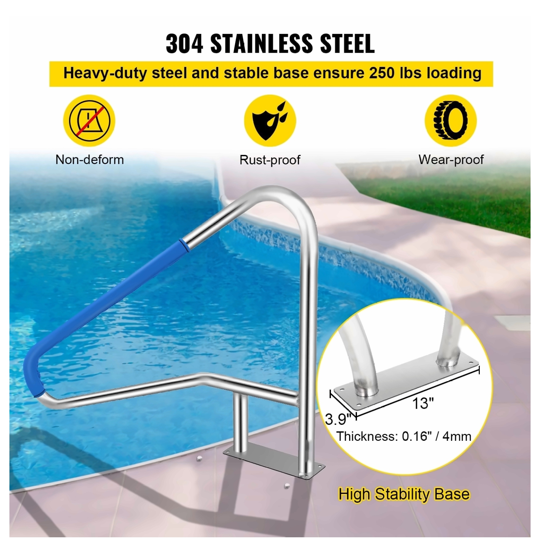 Pool Rail 55x32 Stainless Steel Handrail - 250LBS Capacity, Rustproof, with Blue Grip & Installation Kit