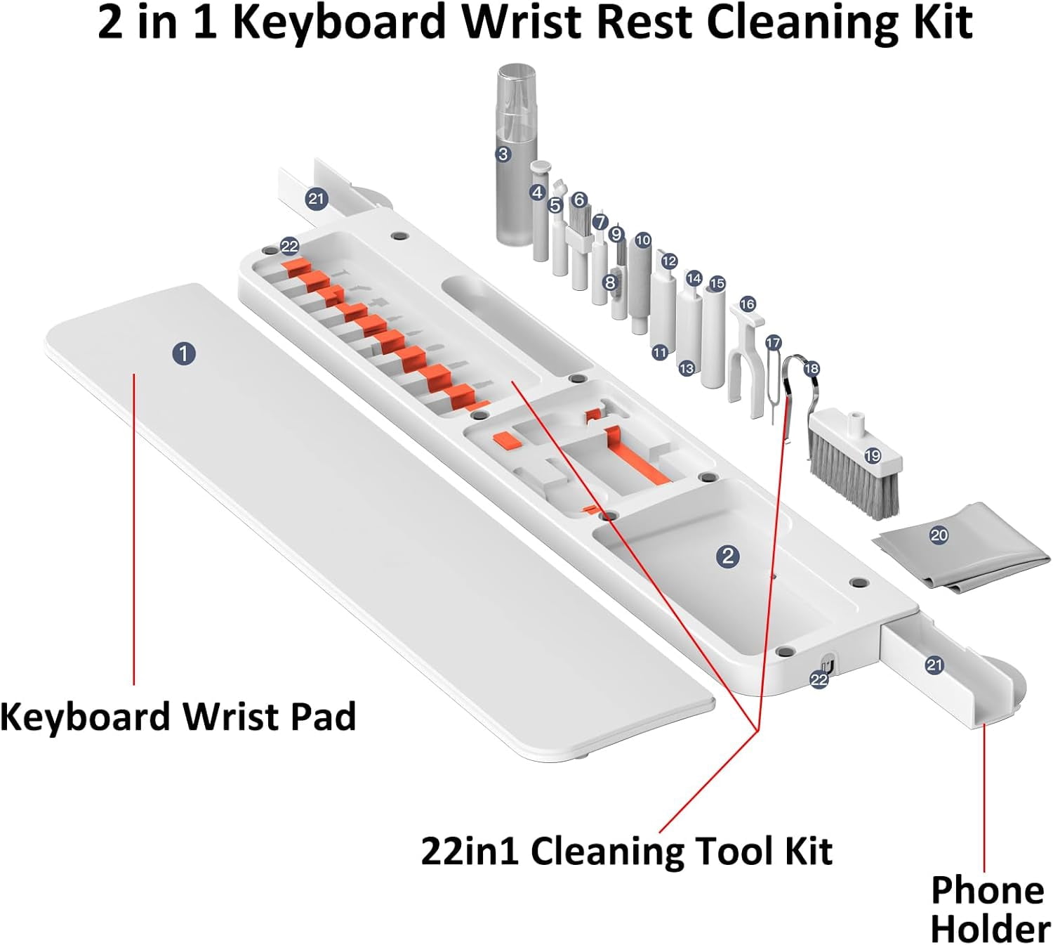Keyboard Wrist Rest Pad with Cleaning Kit 22 in 1, Comfortable Ergonomic Wrist Support for Keyboard Typing Gaming Wrist Pad with Cleaner Kit Tool for Phone Earbuds Keyboard Cleaning