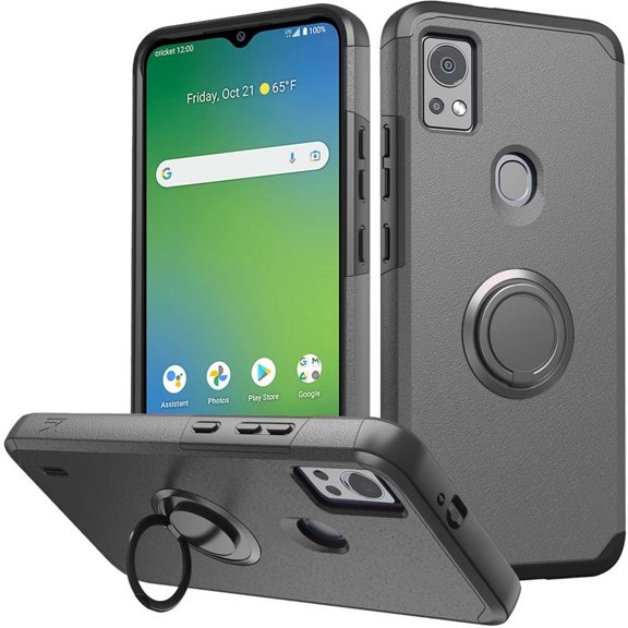 For Cricket Icon 5 Ring Kickstand Cellphone Cover Case   Tempered Glass - mkrng Gray