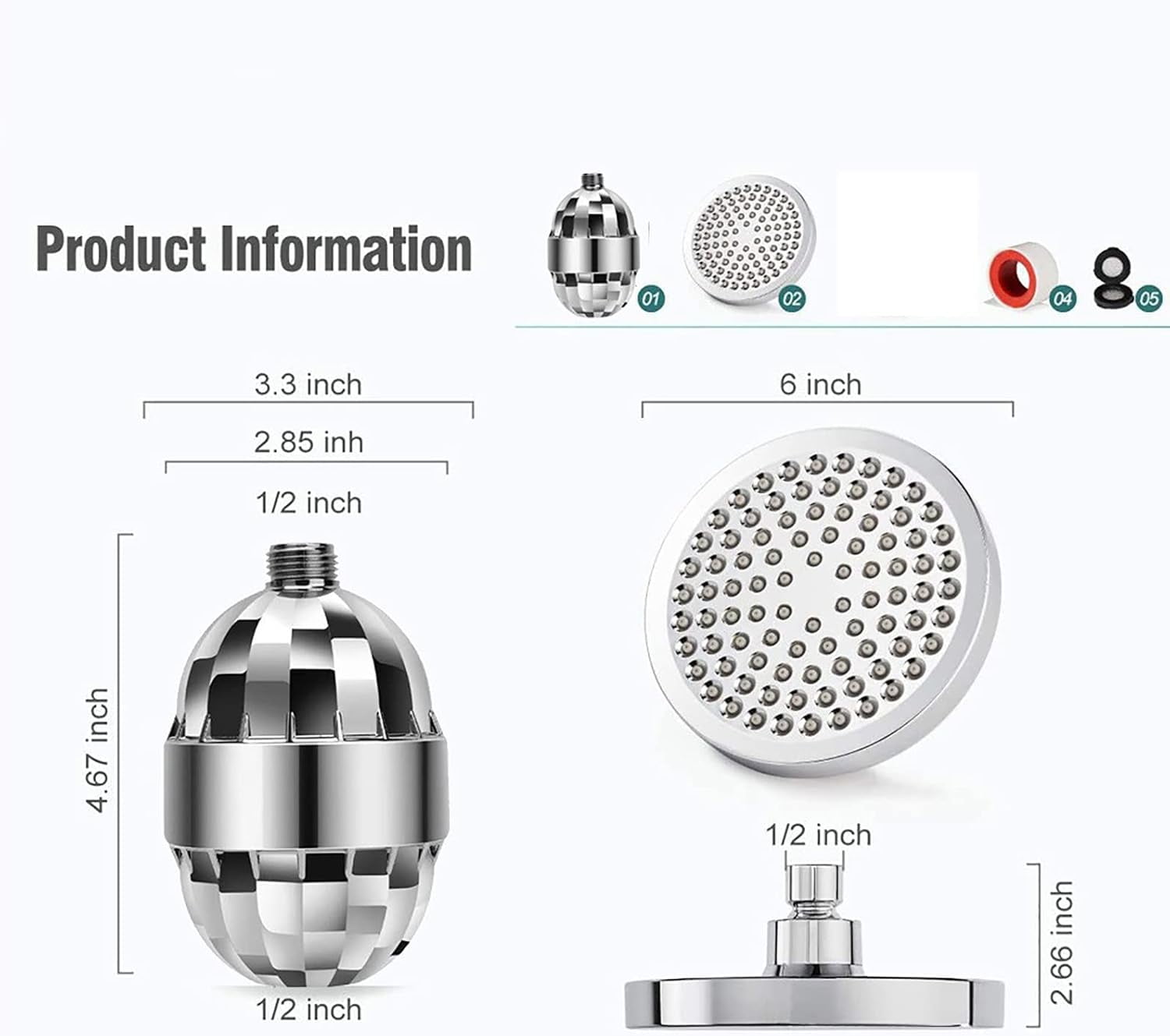 Rainfall Shower Head with Filter 6 Inches Fixed Rain Showerhead High Pressure Anti-Scaling Bathroom Showerhead Round 360° Adjustable Fixed Shower