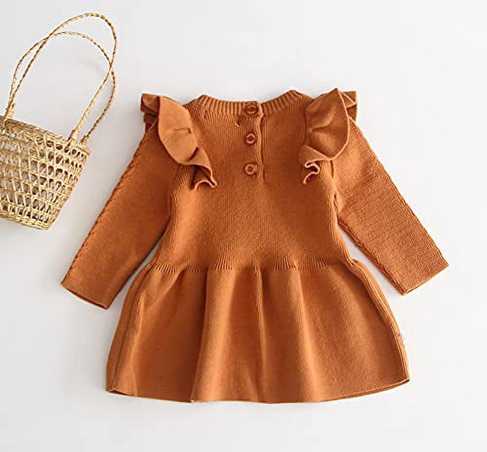 Styles I Love Baby Toddler Girls Knit Sweater Ruffle Long Sleeve Cotton Dress Little Princess Solid Dressy Outfit (Mustard, 3T)
