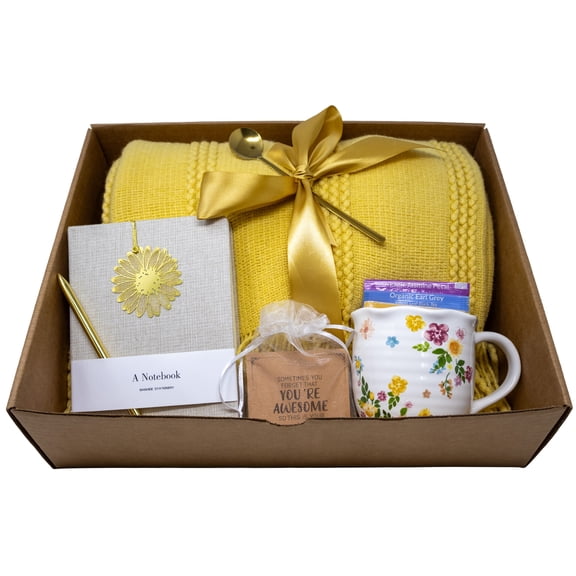 Mother's Day Gift Box With Yellow knitted Blanket , Mug, Tea, Journal and Pen Set