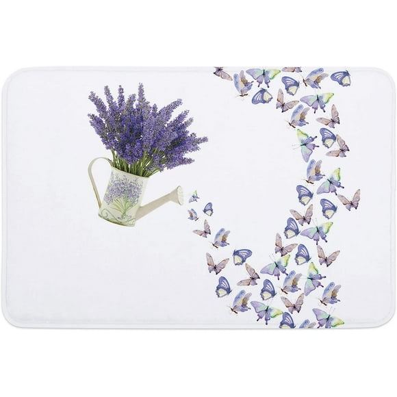 Front Door Mats Outdoor Indoor Kitchen Mat, Lavender Watering Can Purple Butterfly Entrance Doormat Non-Slip Bathroom Rugs Washable Floor Mats for Sink/Porch, 18x30 inch