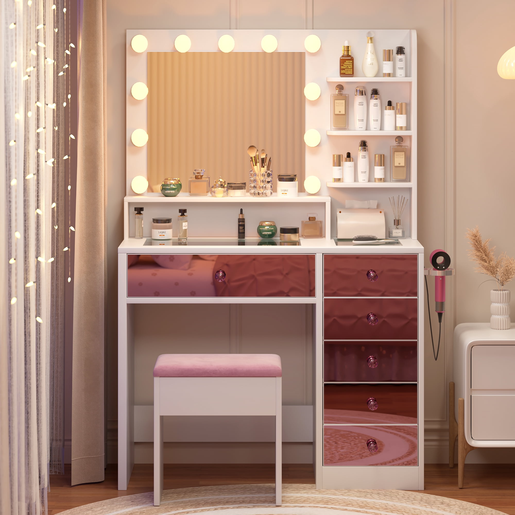 Mintazer Vanity Set with Hollywood Bulbs and Mirror, Dressing Table with 6 Drawers & Shelves and Cushioned Stool, Makeup Vanity Desk for Bedroom, Pink