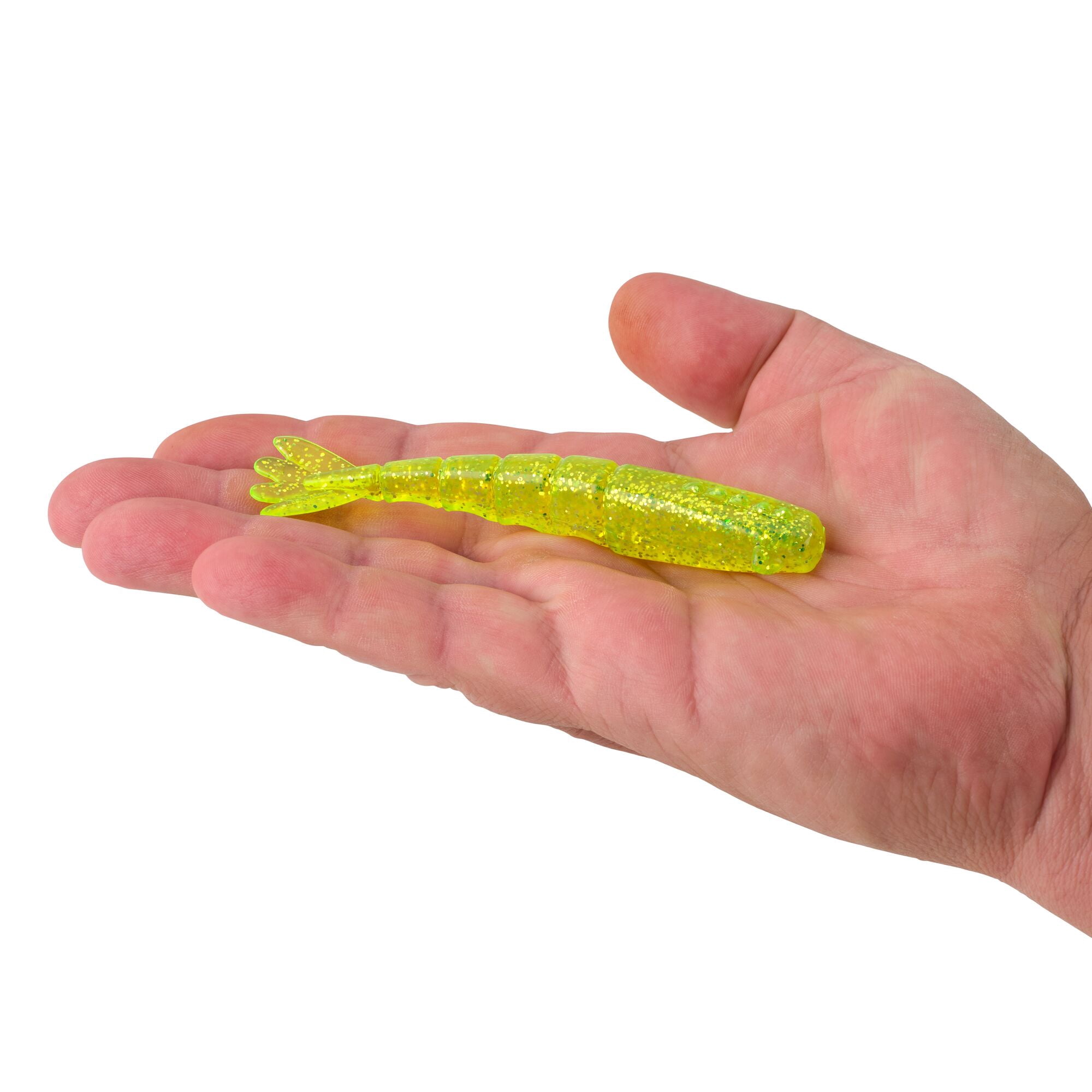 Berkley PowerBait® Saltwater Bonga Shrimp, 4 in, Shrimp, Chartreuse Silver Flash (6-count)