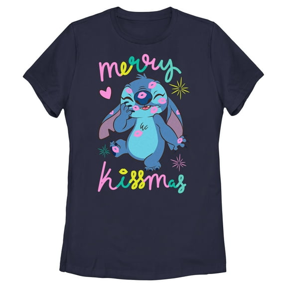 Women's Lilo & Stitch Merry Kissmas Graphic Tee Navy Blue Large