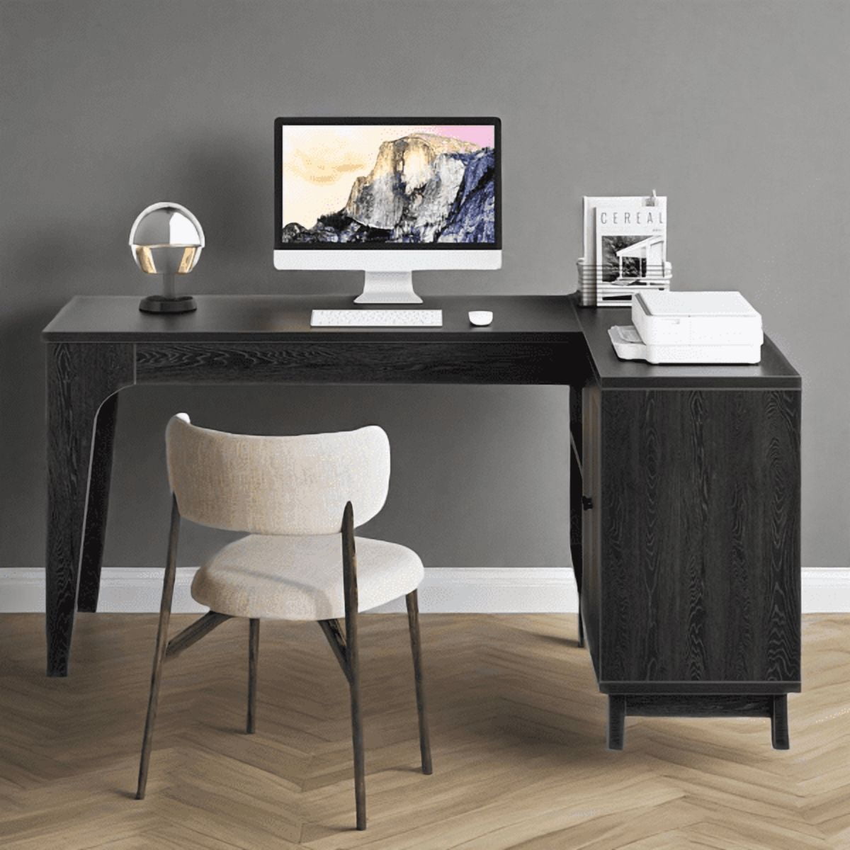 57-Inch L-Shaped Corner Desk - 41"W×19.6"D Work Surface, 2 Open Shelves & Lateral Cabinet - Modern Minimalist Design for Home Office