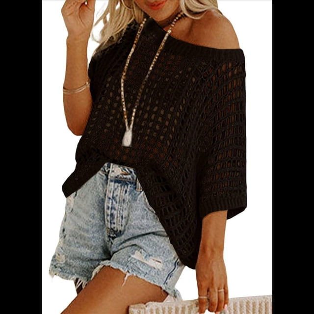 Top de Punto Calado de Corta con Cuello Redondo de Verano para Mujer, Negro, L