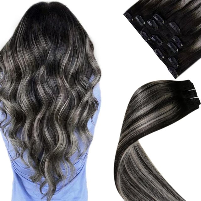 laavoo extensiones de cabello con clip ombre de negro a gris plateado balayage extensiones de cabello humano con clip extensiones de cabello balayage plateadas clip ins largo recto doble trama 22 pulg Conjunto LaaVoo en degradado ombre negro a gris plateado; mechones de 22 pulg con doble trama, tiras con clips cosidos visibles y muestras lisas y rizadas sobre fondo claro. A menudo usadas para añadir longitud y contraste balayage en peinados diarios o para pruebas de estilo en salones.