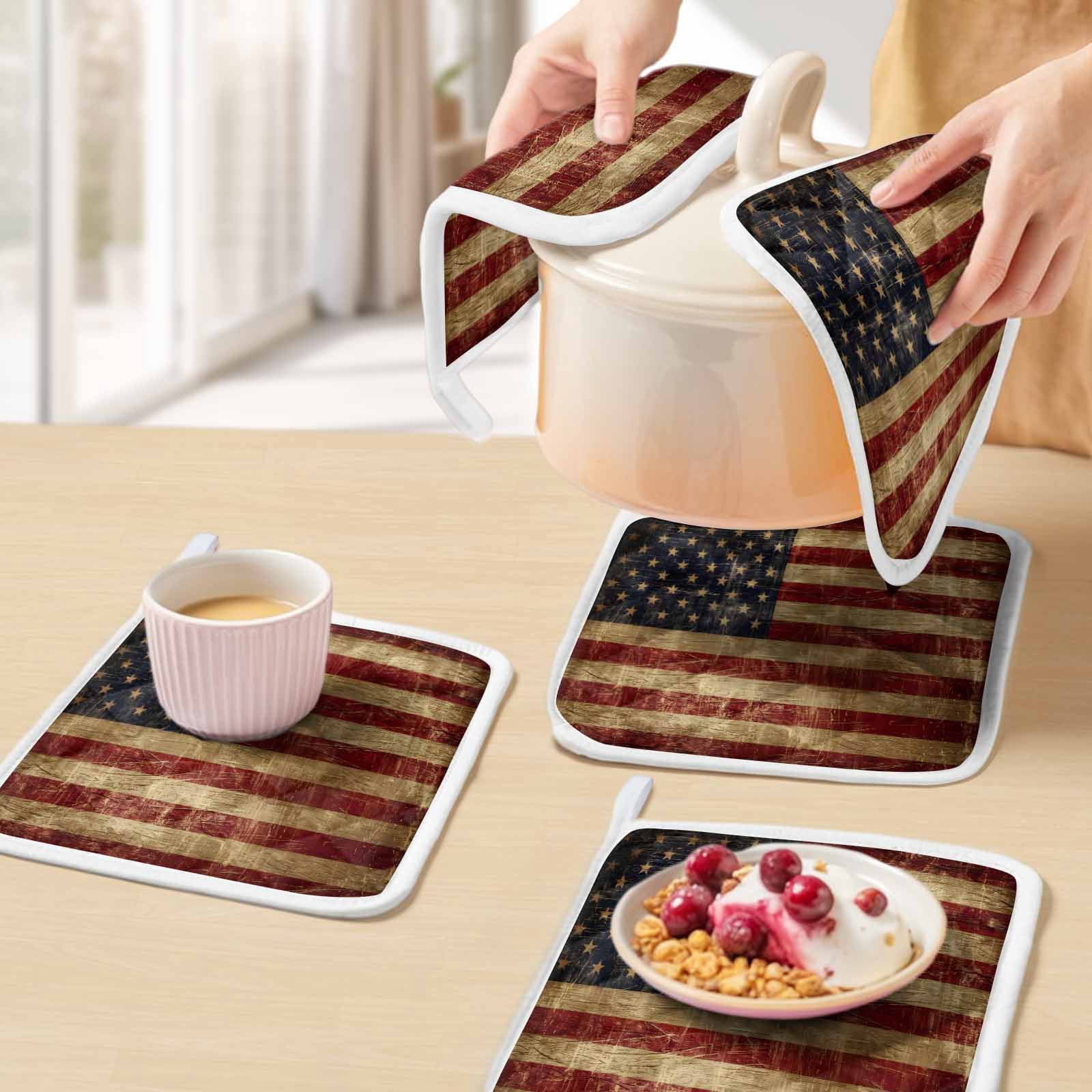 Vintage American Flag Pot Holders for Kitchen Heatproof Potholder, 5 Pack Farmhouse Shabby Retro Red Blue Hot Pads Multipurpose Oven Pads Cloth Potholders Trivet for Cooking Baking