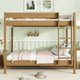 thumbnail image 2 of Hassch Twin Size Rubber Wood Bunk Bed Frame with Fluffy Teddy Fleece Upholstered Headboard & Footboard, Safety Guardrail, Built-in Ladder, 10.2"H Underbed Storage Space (Natural), 2 of 9