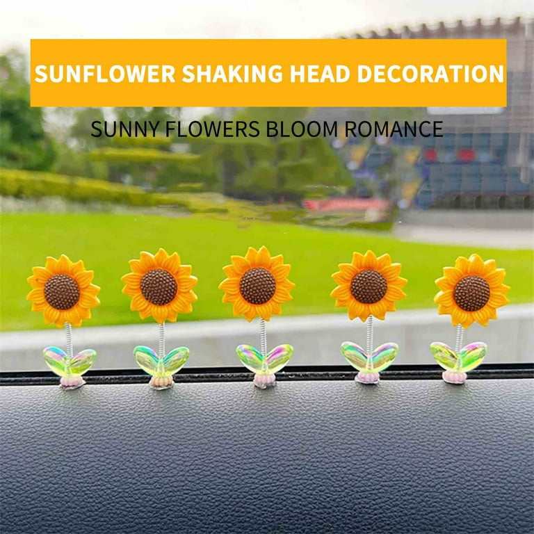 Holloyiver Sunflower Car Dashboard Decorations 5 Pcs Mini Paste Shaking Head Sunflower Car Mirror Dashboard Plant Decor for Car Interior Home Office