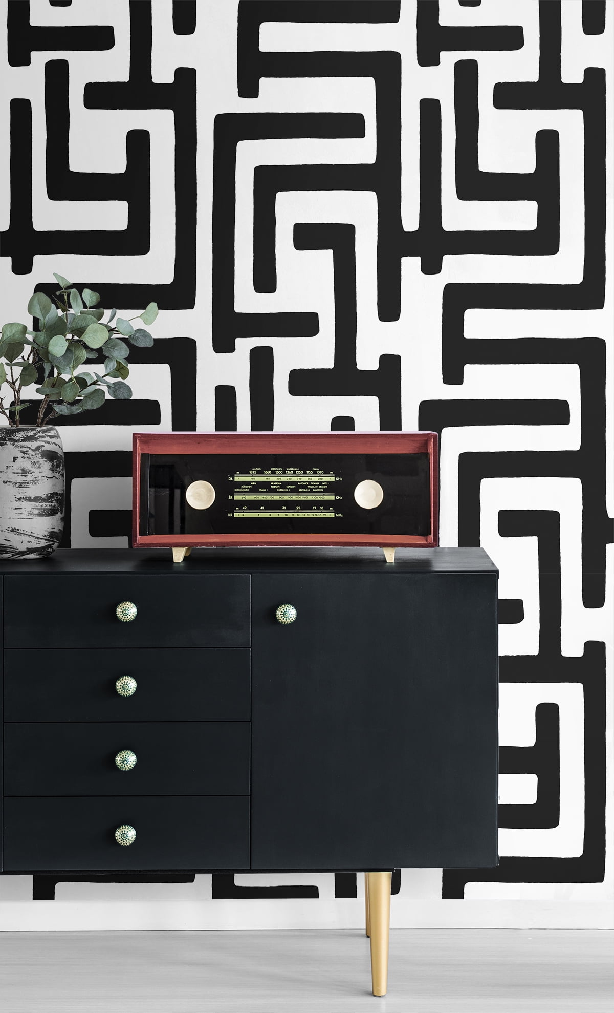 NextWall Black Graphic Maze Peel and Stick Wallpaper