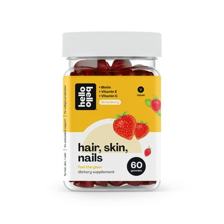 Hello Bello Hair, Skin & Nails Vitamins I Vegan and nonGMO Natural Strawberry Flavor Gummies I 2500 mcg of Biotin with Vitamin E and Vitamin C for Collagen Production I 60 Count