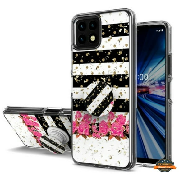 For Boost Mobile Celero 5G PLUS Pattern Design Bling Glitter Hybrid with Ring Stand Pop Up Holder Kickstand Phone Case Cover by Xpression - Black White