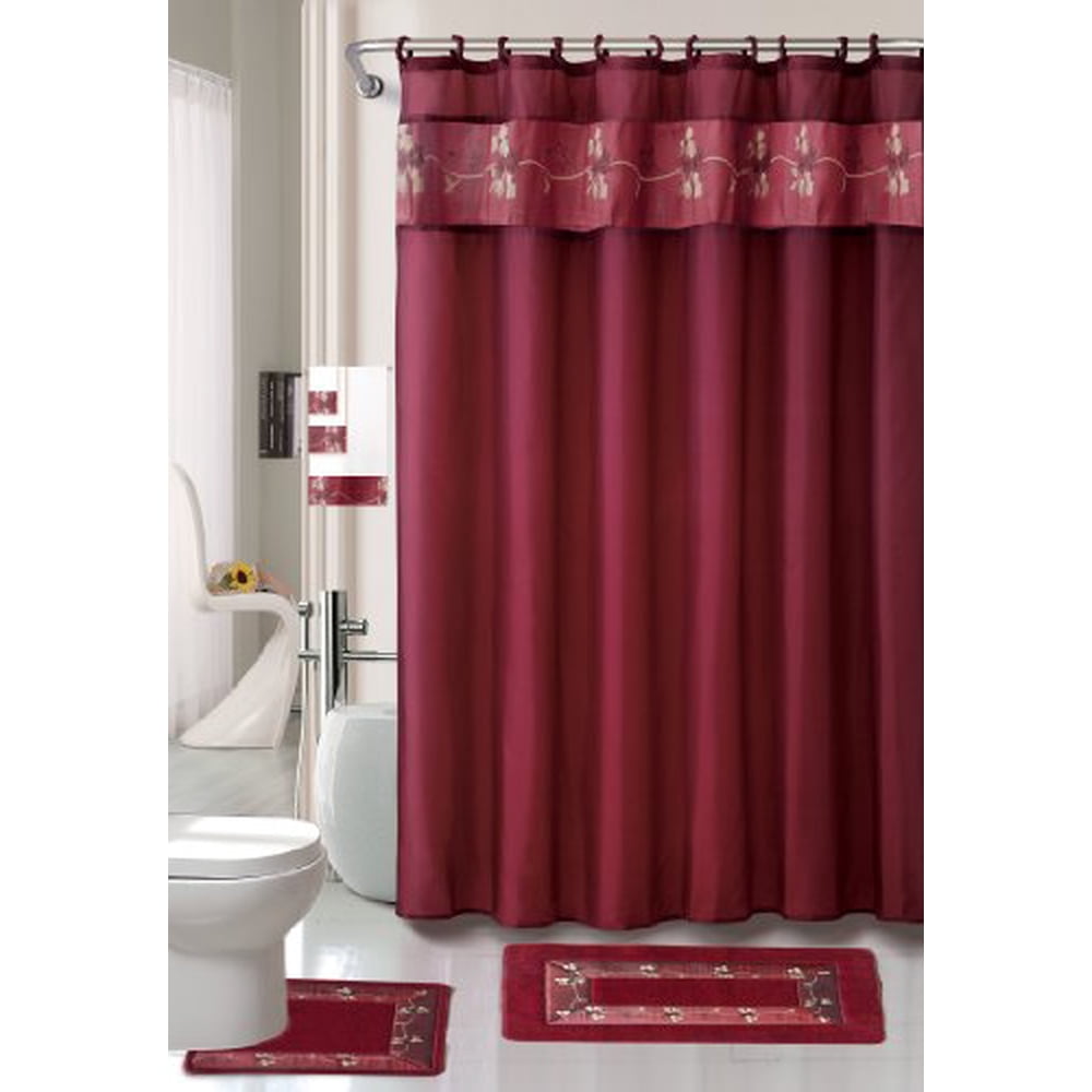 Burgundy Flower 18piece Bathroom Set 2rugs/mats, 1fabric Shower
