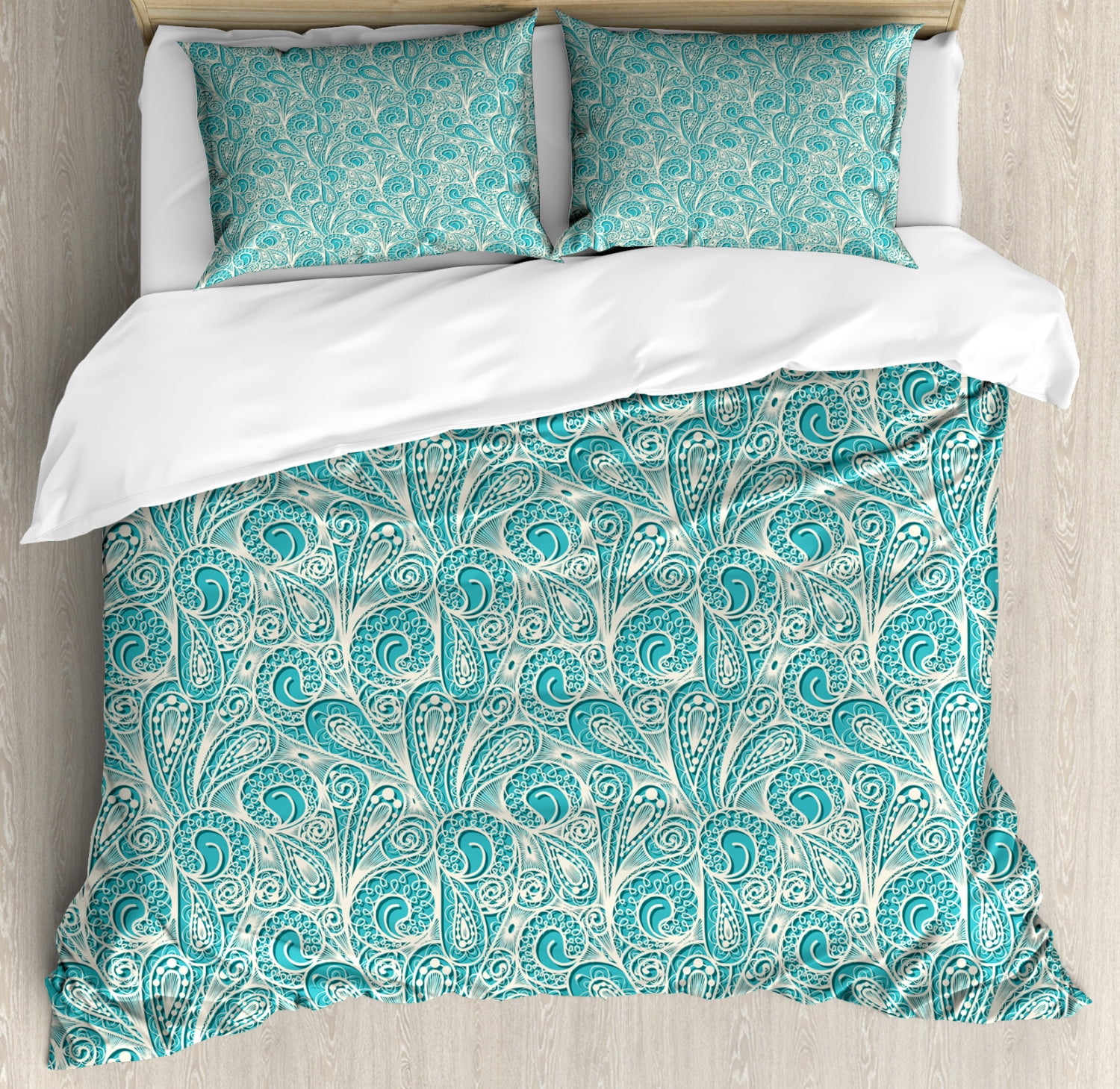 Teal King Size Duvet Cover Set, Classical Lace Style Pattern with