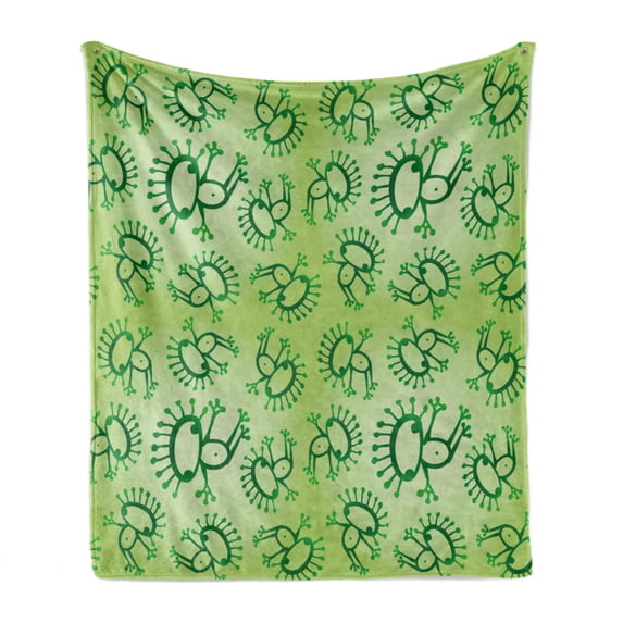 Green Soft Flannel Fleece Throw Blanket, Doodle Style Drawing of Alien Frogs Fantasy Theme Watercolors Cartoon Like Pattern Kids, Cozy Plush for Indoor and Outdoor Use, 70" x 90", Green, by Ambesonne