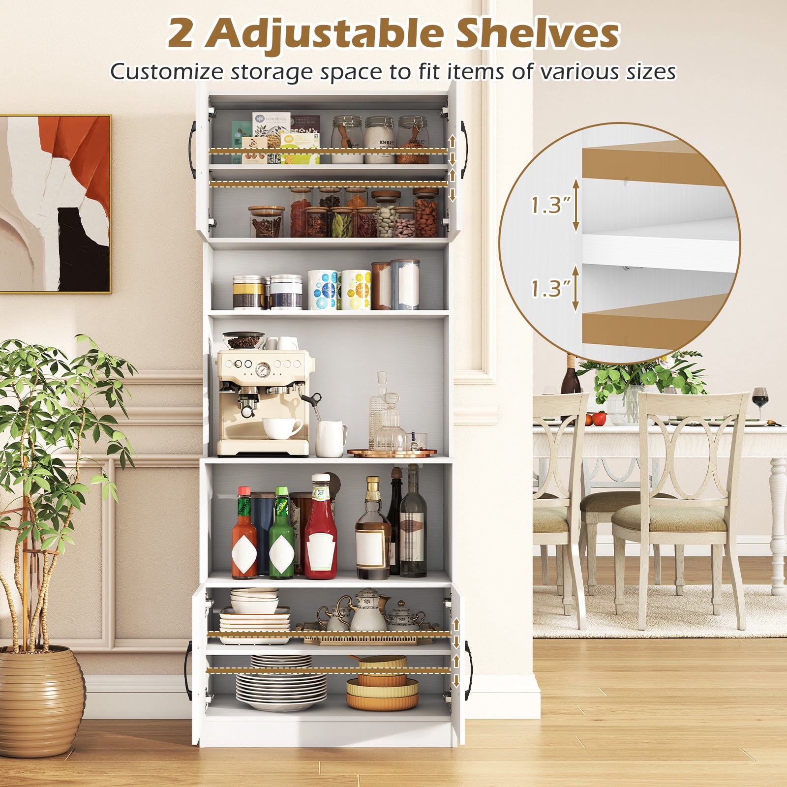 Costway Kitchen Pantry Cabinet with Charging Station, Adjustable Shelves and Doors, White