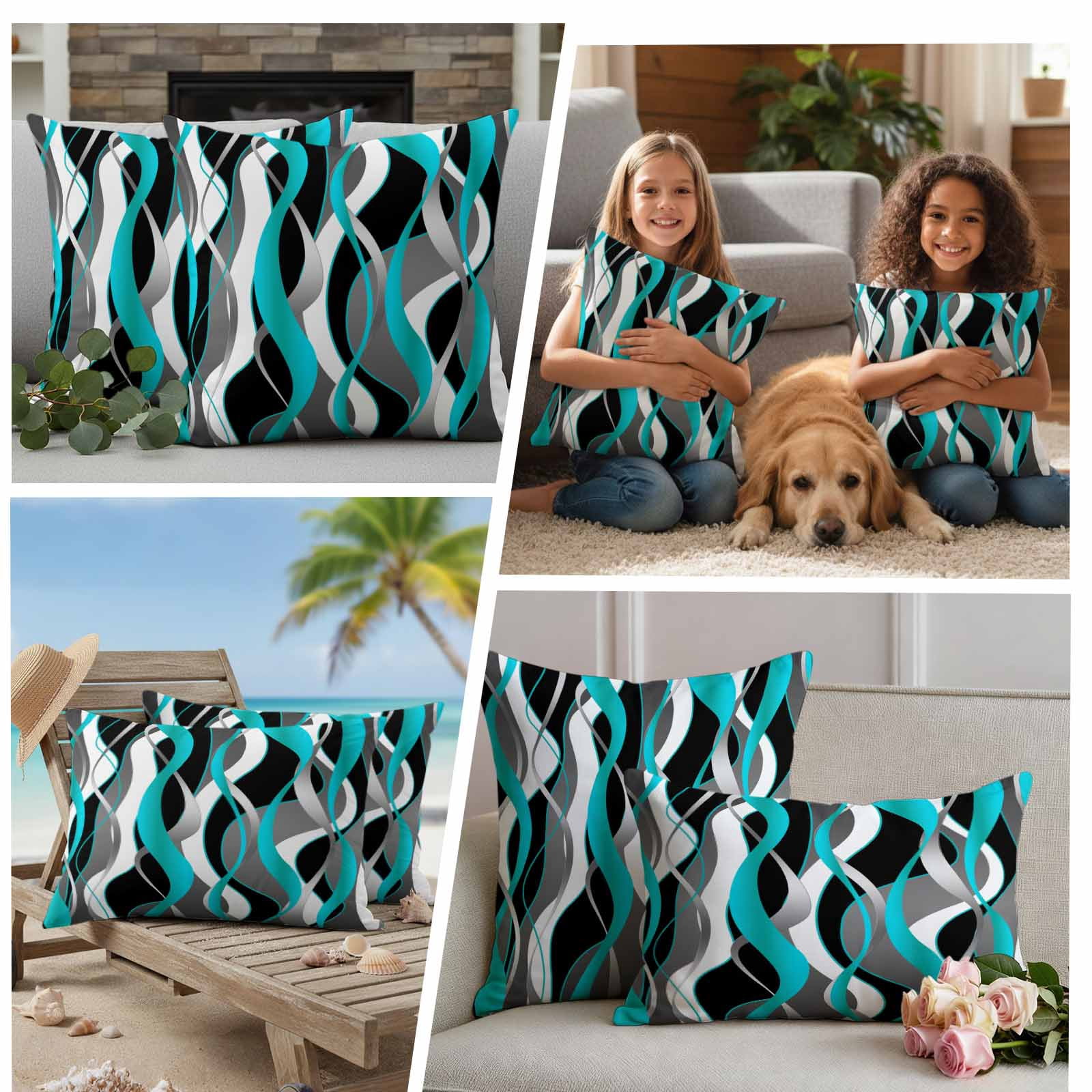 Aqua Stripe Outdoor Waterproof Pillow Covers, Ombre Grey Moire Geometric Modern Abstract Decorative Square Throw Pillowcase Sofa Cushion Sham for Patio/Couch/Chair, 26"x26" 2 Pack