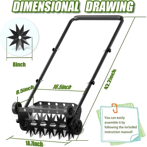 18-Inch Lawn Aerator Tool with 4 Wheels - Heavy Duty Push Spike Aerator for Lawn, Garden, and Yard