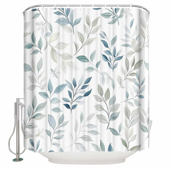 Small Stall Shower Curtain 36x78 Inch Narrow Half Size Blue Teal Botanical Bath Curtains Bathroom Decor Watercolor Spring Summer Leaves Waterproof Fabric Shower Curtain Set with Hooks 36 Inch