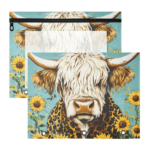 Highland Cow and Sunflowers 3-Ring Binder Pouches A4 Size Zipper Pocket File Storage 2 Packs