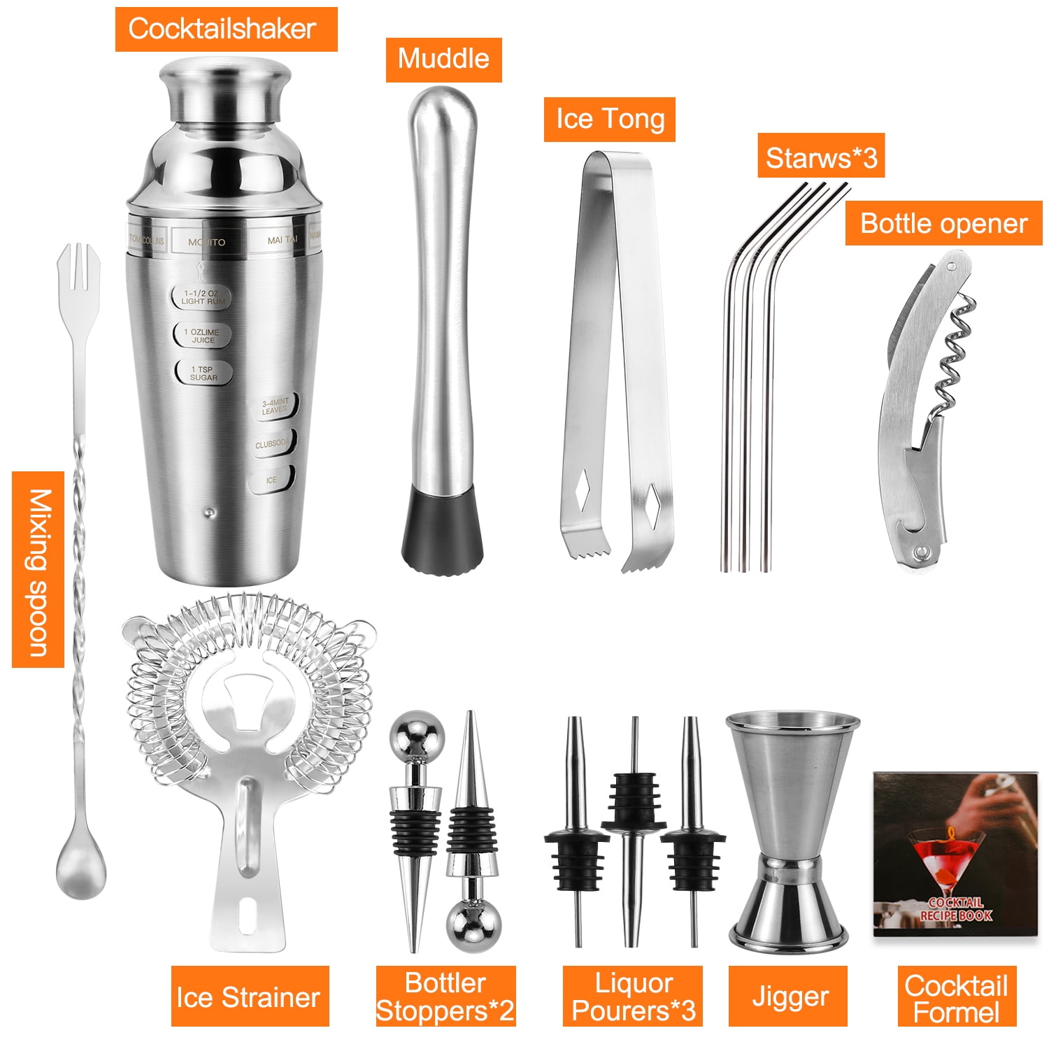 16pc Bartender Cocktail Shaker Set, Stainless Steel Bartender Kit Bar Tool Set