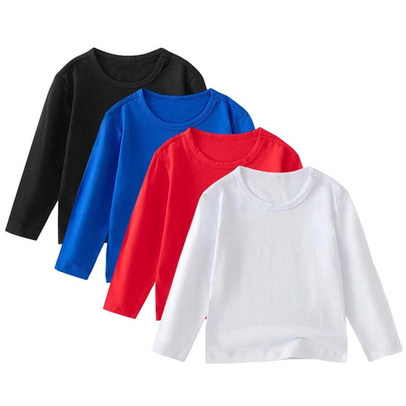 ShomPort 4PC Casual T-Shirts for Boys Girls Long Sleeve Round Collared Solid Color Cotton Tops Lightweight Soft Cozy Tees Blouses
