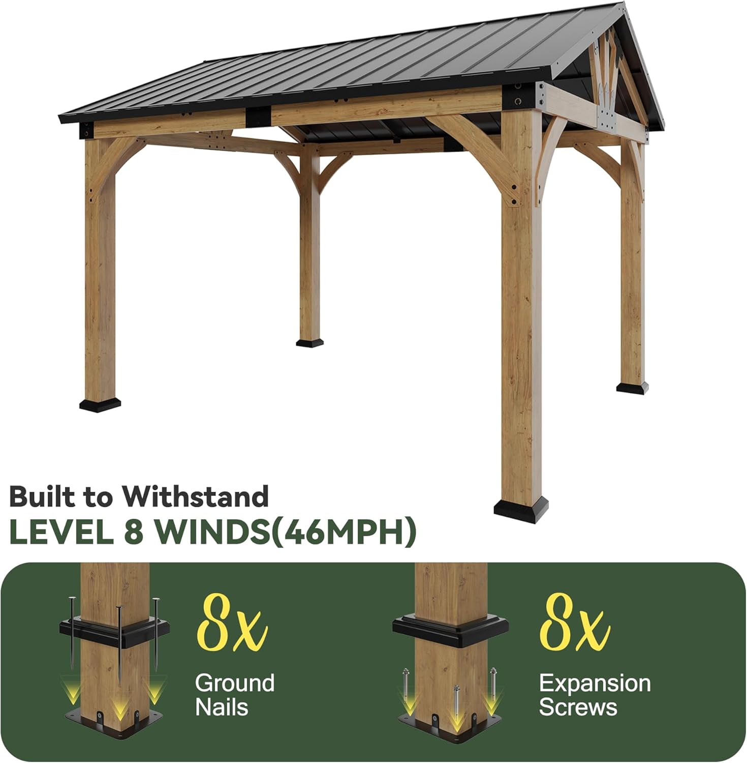 Auhilence 10x12 FT Cedar Wood Gazebo, Hardtop Gazebo with Galvanized Steel Peak Roof