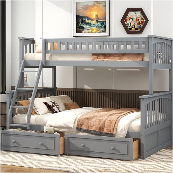 JERFIT Twin over Full Bunk Bed with Storage Drawers, Gray Convertible Wood Bunkbed, Space Saving Design with Stairs and Guardrails