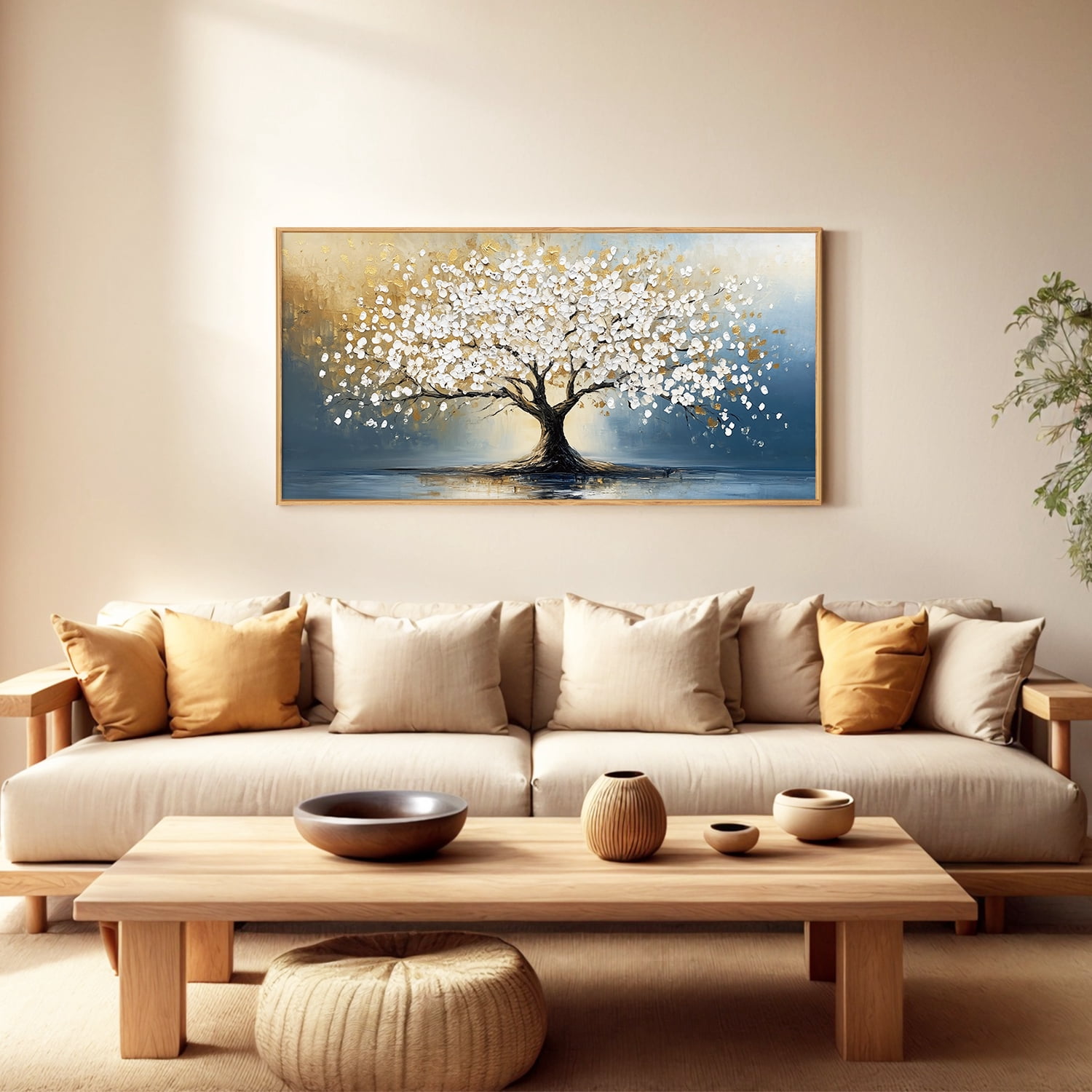 TOARTi Tree of Life Canvas Wall Art White and Gold Leaf Framed Painting Modern Abstract Big Tree Prints for Living Room Bedroom Office 20x40 Inch