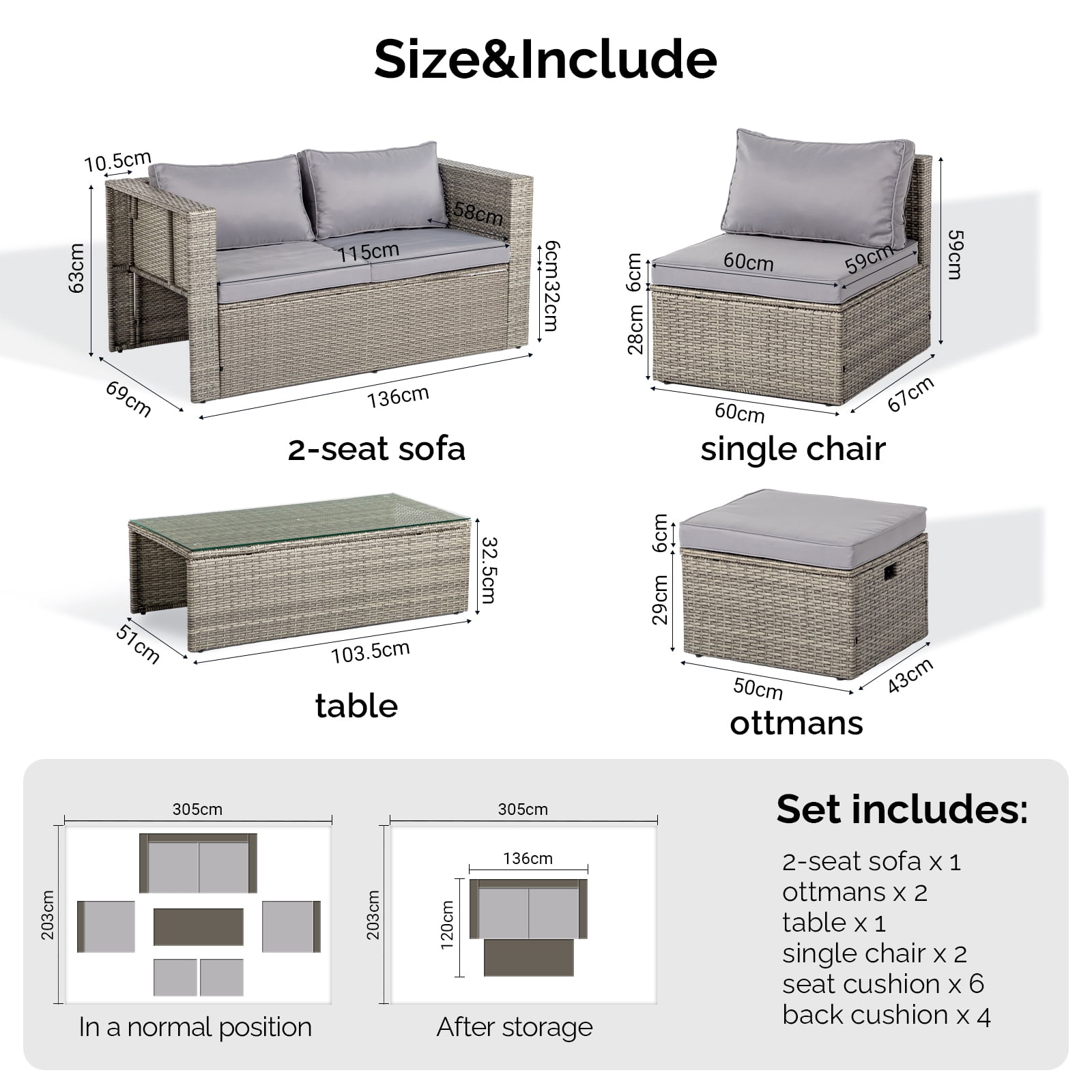 Ktaxon 7-Piece Modular Patio Sectional Set, All-Weather Rattan Set Grey Cushions