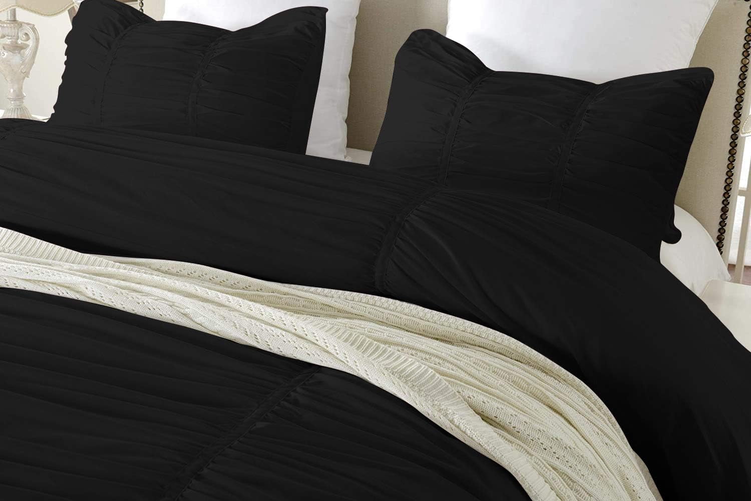 DNG Creations 5 Piece Ruched Pattern Duvet Cover 100% Egyptian Cotton, 800 TC- With Zipper Closure & Corner Ties ( Solid Black - Oversized King )