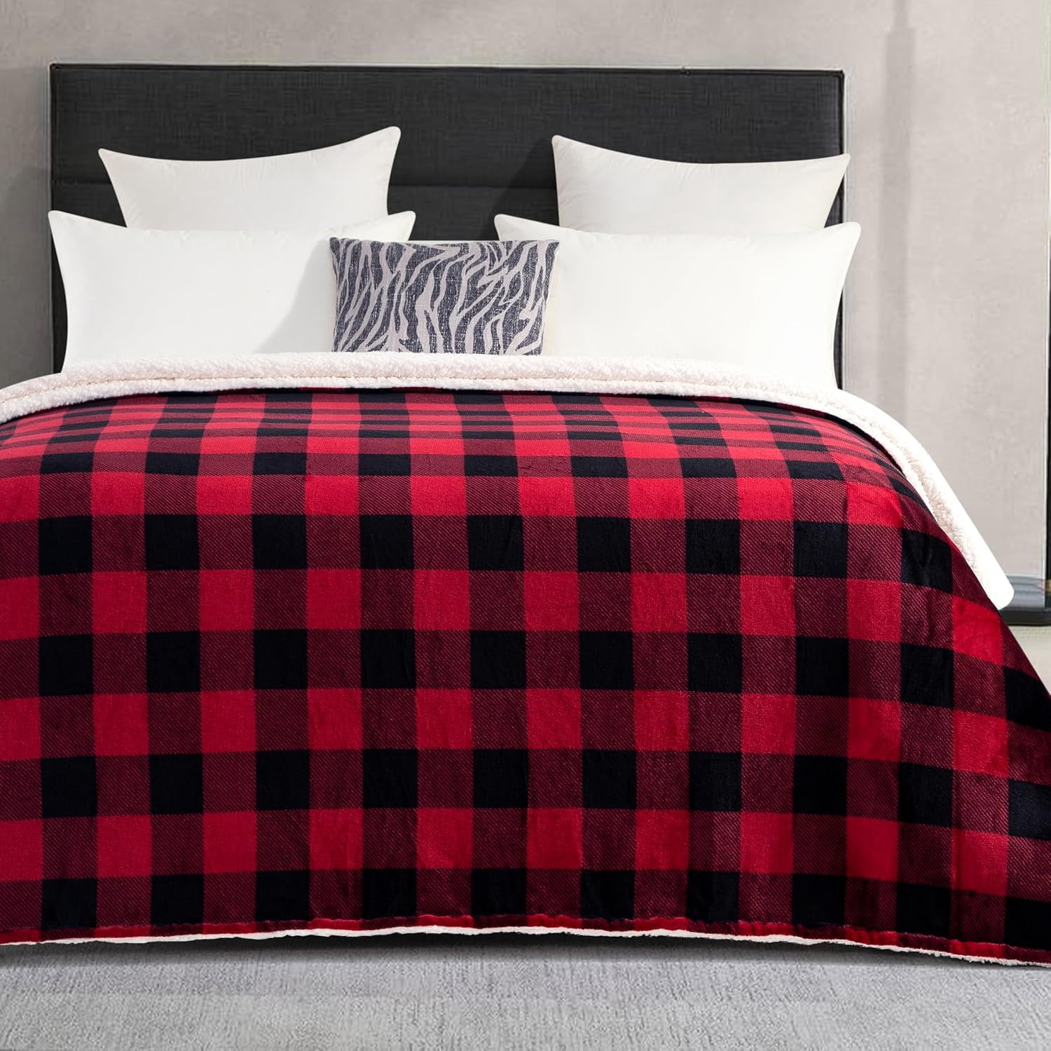 Elegant Comfort Reversible Buffalo Plaid Flannel Sherpa Blanket - Soft Fleece Throw for Couch or Bed - Plush Warm Winter Blanket, Twin, Burgundy