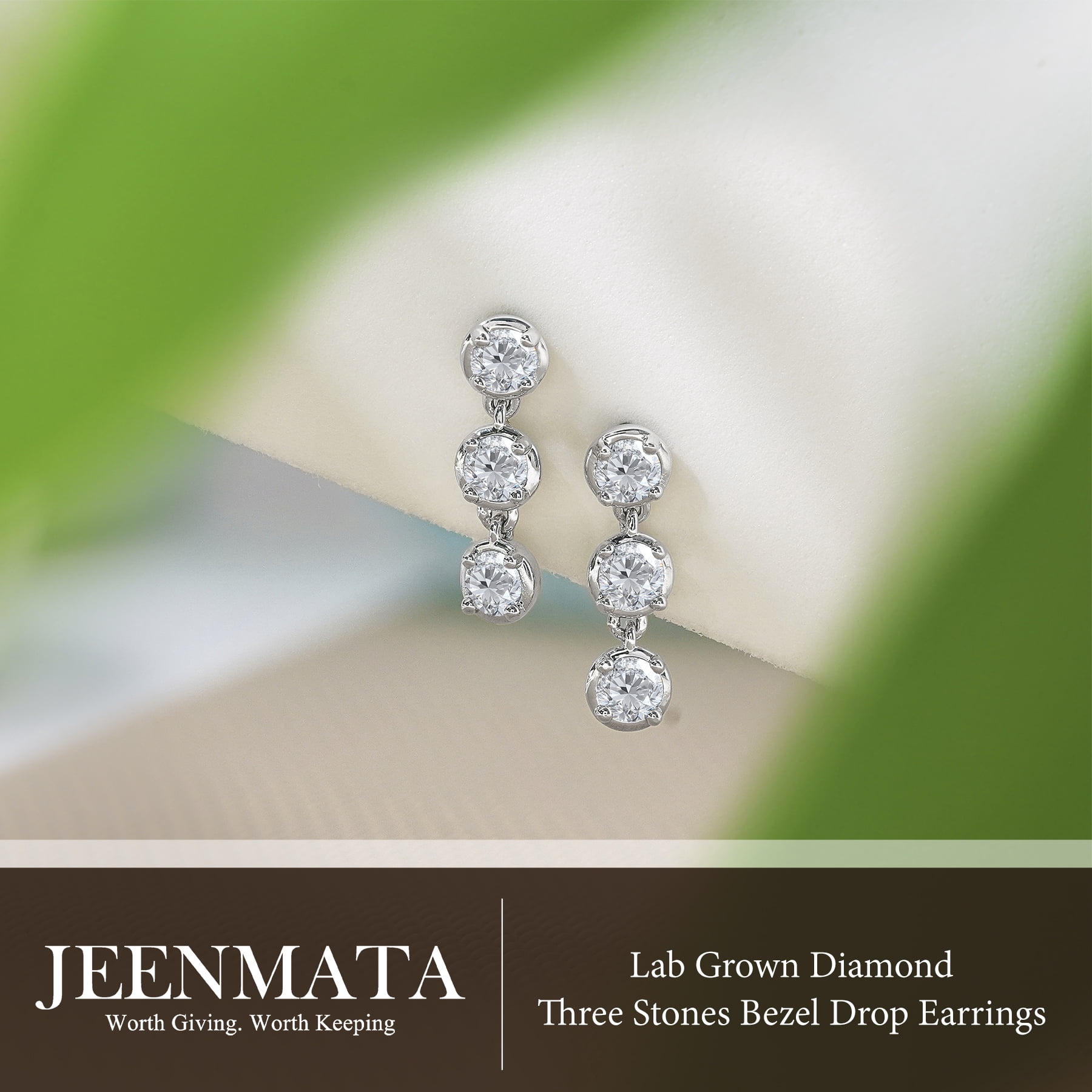 JeenMata 1 Carat Lab Grown Diamond Bezel Drop Earring - Classic Round Cut Three Stones Dangle Earrings in 18K White Gold Plating for Women, Gift for Her