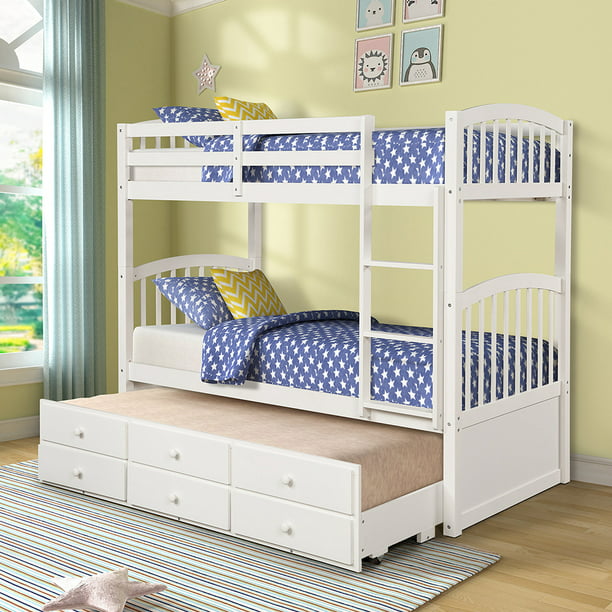 Twin Bunk Beds With Trundle And Ladder Twin Loft Beds With 3 Drawers For Kids White Walmart Com Walmart Com