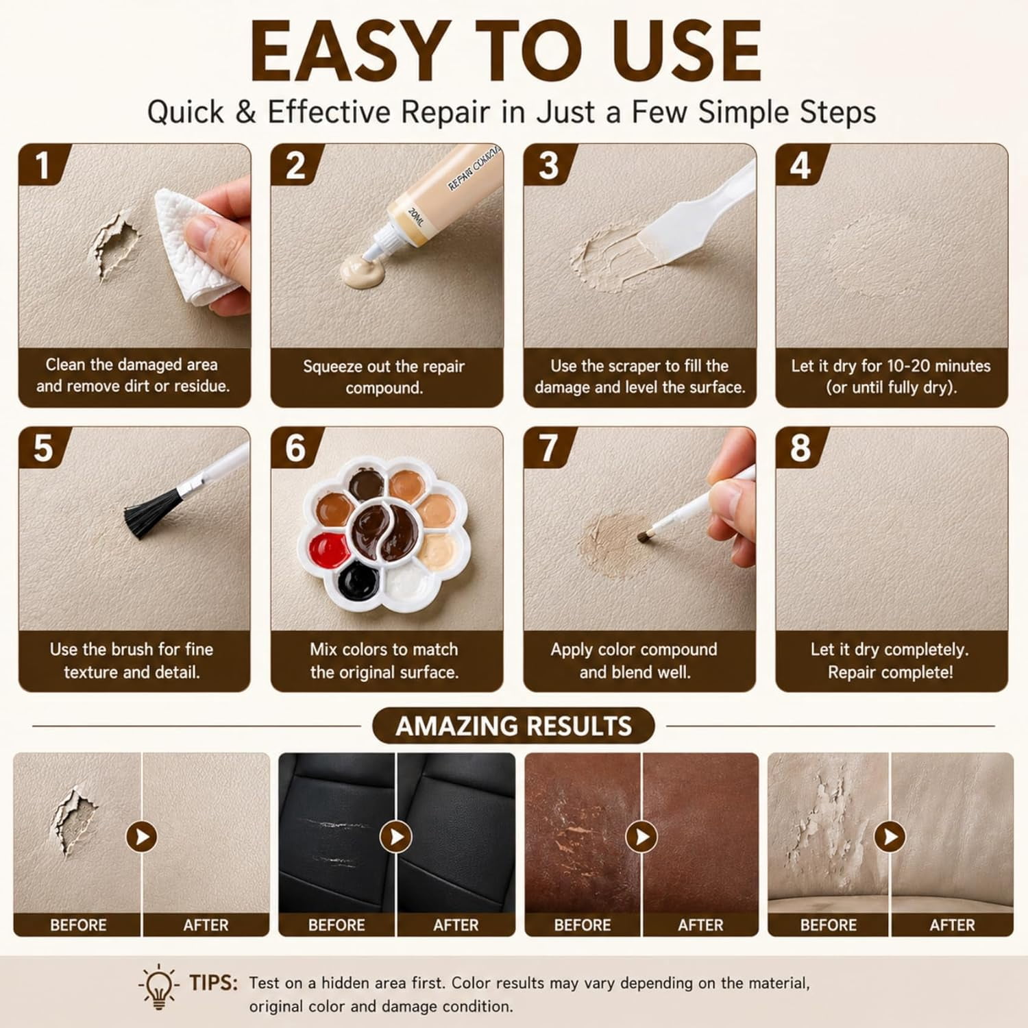 Leather and Vinyl Repair Gel Kit, 10 Color Options for Surface Restoration