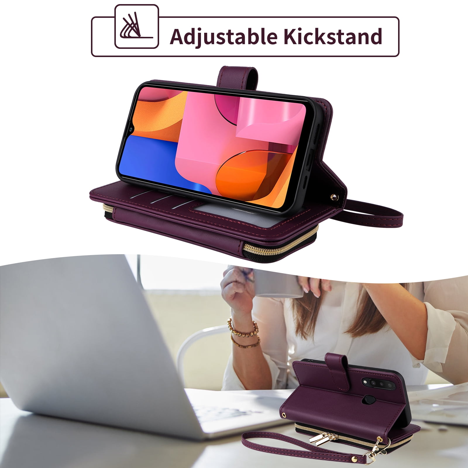 Furiet Argyle Wallet Case for Samsung Galaxy A20s with Wrist/Shoulder Strap, Zipper Purse Luxury PU Leather Card Holder Slots Stand Checkered Phone Cover for A 20s Plus A207M Women Girls Deep Purple