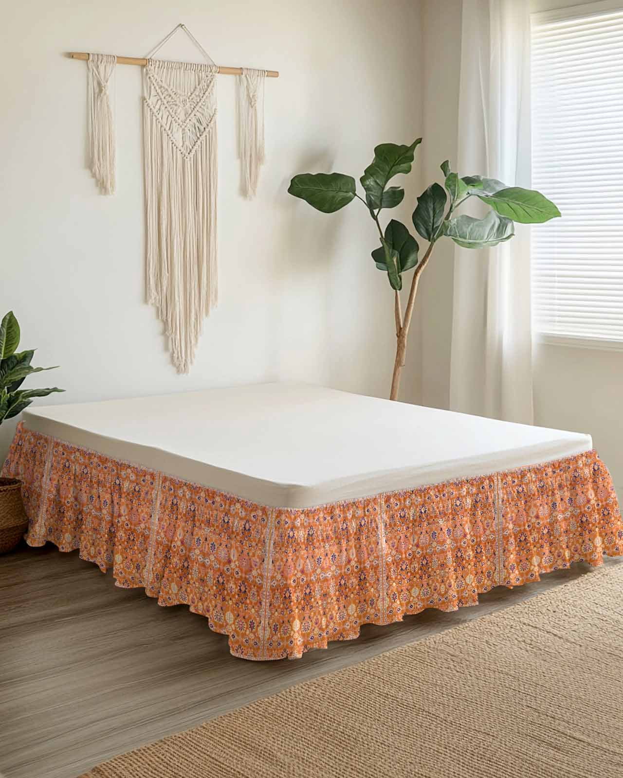 Boho Orange Wrap Around Bed Skirts for King Bed 18" Drop,Bed Skirt with Adjustable Elastic Belt Dust Ruffle Bed Valance for Bedroom Hotel Country Style Bohemian Floral Retro Tribal Bed Frame Cover