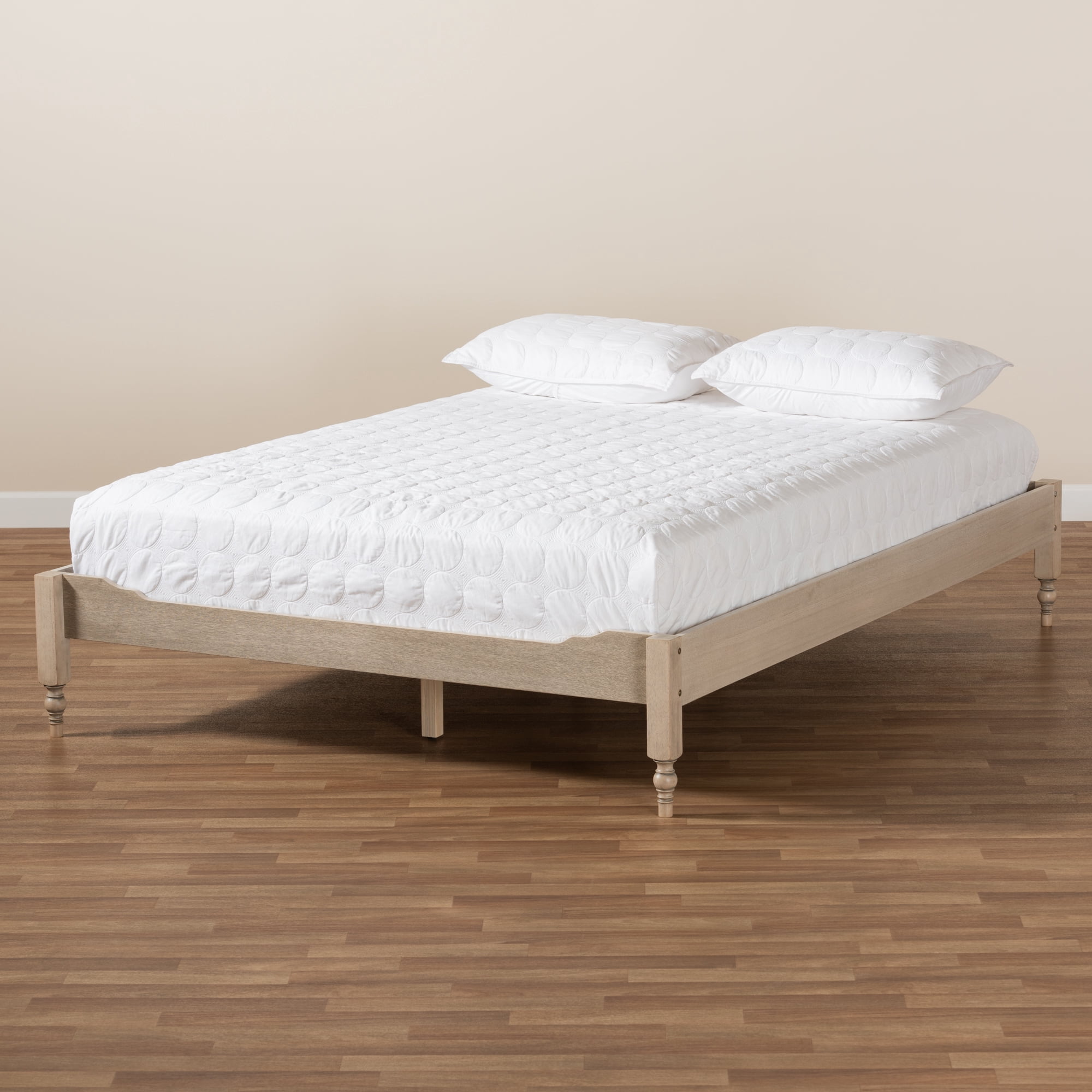 Baxton Studio Laure French Bohemian Antique White Oak Finished Wood King Size Platform Bed Frame
